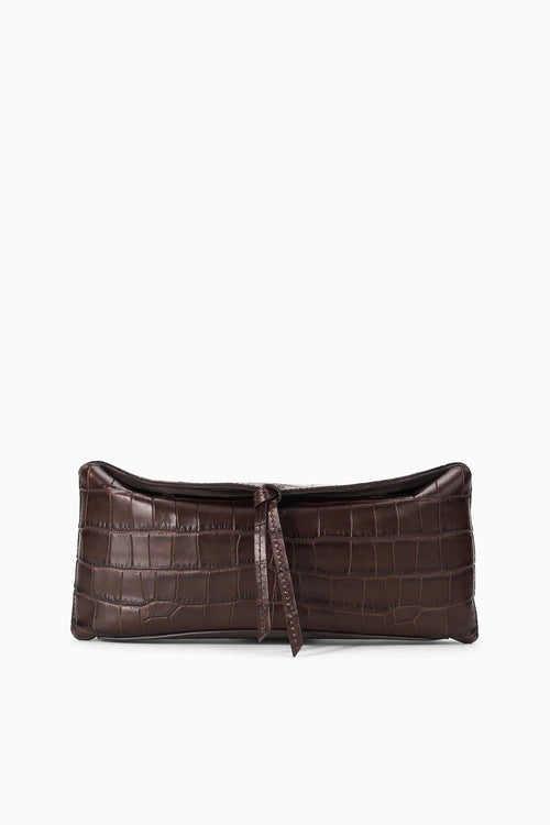Krokoprägte Clutch mit abnehmbarem Schulterriemen und Knotendetail