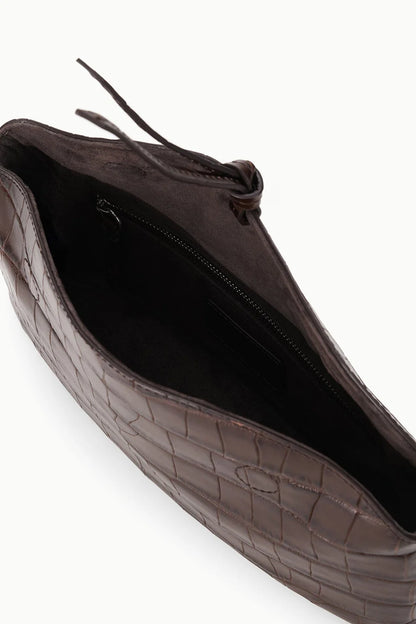 Krokoprägte Clutch mit abnehmbarem Schulterriemen und Knotendetail